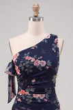 One Shoulder Black Chiffon A-Line Floral Homecoming Dress with Ruffles