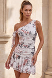 One Shoulder Black Chiffon A-Line Floral Homecoming Dress with Ruffles
