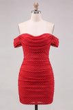 Off the Shoulder Red Ruched Bodycon Lace Up Back Short Homecoming Dress