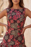 Red Flower Tiered Bateau Neck Tight Short Homecoming Dress with Ruffles