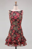 Red Flower Tiered Bateau Neck Tight Short Homecoming Dress with Ruffles