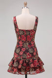 Red Flower Tiered Bateau Neck Tight Short Homecoming Dress with Ruffles