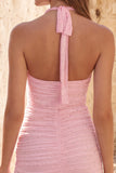 Halter Neck Pink Bodycon Ruched Short Homecoming Dress with Beading