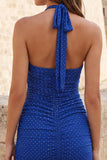 Halter Neck Pink Bodycon Ruched Short Homecoming Dress with Beading