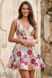 Fuchsia Flower V-Neck Sequins A-Line Short Homecoming Dress