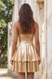 Gold A-Line Metallic Tiered Spaghetti Straps Short Homecoming Dress