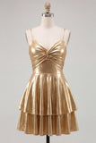 Gold A-Line Metallic Tiered Spaghetti Straps Short Homecoming Dress