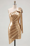 Red One Shoulder Metallic Ruched Asymmetrical Short Homecoming Dress with Bow