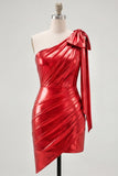 Red One Shoulder Metallic Ruched Asymmetrical Short Homecoming Dress with Bow