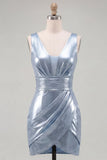 Metallic Sky Blue V-Neck Ruched Tight Short Homecoming Dress