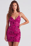 Fuchsia V-Neck Bodycon Short Lace Up Back Cocktail Dress with Sequins