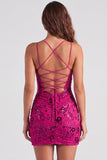 Fuchsia V-Neck Bodycon Short Lace Up Back Cocktail Dress with Sequins