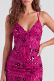 Fuchsia V-Neck Bodycon Short Lace Up Back Cocktail Dress with Sequins