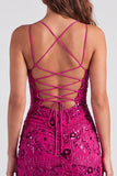 Fuchsia V-Neck Bodycon Short Lace Up Back Cocktail Dress with Sequins