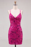 Fuchsia V-Neck Bodycon Short Lace Up Back Cocktail Dress with Sequins