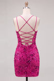 Fuchsia V-Neck Bodycon Short Lace Up Back Cocktail Dress with Sequins