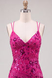 Fuchsia V-Neck Bodycon Short Lace Up Back Cocktail Dress with Sequins