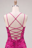 Fuchsia V-Neck Bodycon Short Lace Up Back Cocktail Dress with Sequins