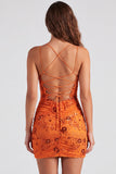Fuchsia V-Neck Bodycon Short Lace Up Back Cocktail Dress with Sequins