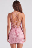 Fuchsia V-Neck Bodycon Short Lace Up Back Cocktail Dress with Sequins