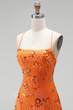 A-Line Red Sequins Lace Up Back Spaghetti Straps Short 80s Homecoming Dress