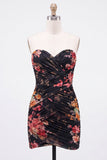 Black Sweetheart Floral Ruched Bodycon Short Coctail Dress