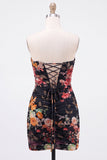 Black Sweetheart Floral Ruched Bodycon Short Coctail Dress