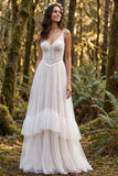 Ivory A-Line Ruffled Spaghetti Straps Long Wedding Dress