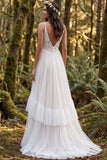 Ivory A-Line Ruffled Spaghetti Straps Long Wedding Dress