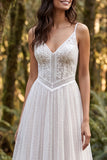 Ivory A-Line Ruffled Spaghetti Straps Long Wedding Dress