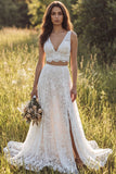 Ivory A-Line 2 Piece V-Neck Lace Long Wedding Dress with Slit