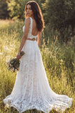 Ivory A-Line 2 Piece V-Neck Lace Long Wedding Dress with Slit