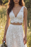 Ivory A-Line 2 Piece V-Neck Lace Long Wedding Dress with Slit