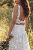 Ivory A-Line 2 Piece V-Neck Lace Long Wedding Dress with Slit