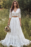 Ivory A-Line 2 Piece V-Neck Long Lace Wedding Dress with Half Sleeves