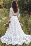 Ivory A-Line 2 Piece V-Neck Long Lace Wedding Dress with Half Sleeves