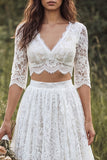 Ivory A-Line 2 Piece V-Neck Long Lace Wedding Dress with Half Sleeves