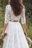 Ivory A-Line 2 Piece V-Neck Long Lace Wedding Dress with Half Sleeves