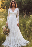 Ivory A-Line Lace V-Neck Long Wedding Dress with Long Sleeves