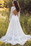 Ivory A-Line Lace V-Neck Long Wedding Dress with Long Sleeves