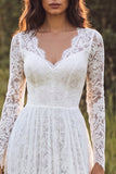 Ivory A-Line Lace V-Neck Long Wedding Dress with Long Sleeves