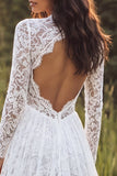 Ivory A-Line Lace V-Neck Long Wedding Dress with Long Sleeves