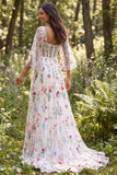 A-Line Ivory Floral Sheer Corset Long Wedding Dress with Slit