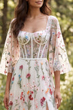 A-Line Ivory Floral Sheer Corset Long Wedding Dress with Slit