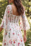 A-Line Ivory Floral Sheer Corset Long Wedding Dress with Slit