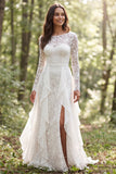 Lace A-Line Ivory Ruffled Long Sleeves Wedding Dress with Slit