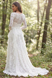 Lace A-Line Ivory Ruffled Long Sleeves Wedding Dress with Slit