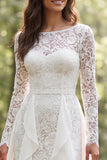 Lace A-Line Ivory Ruffled Long Sleeves Wedding Dress with Slit