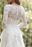 Lace A-Line Ivory Ruffled Long Sleeves Wedding Dress with Slit