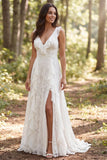Ivory A-Line V-Neck Ruffled Long Wedding Dress with Slit